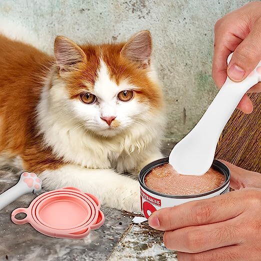 3 Pcs Pet Food Can Lids & One Can Spoon | Cute Paw Shape Opener Spatula Cat Wet Food Spoon | Universal BPA Free Silicone Can Spoon & Covers for Dog Cat Cans(Pink)